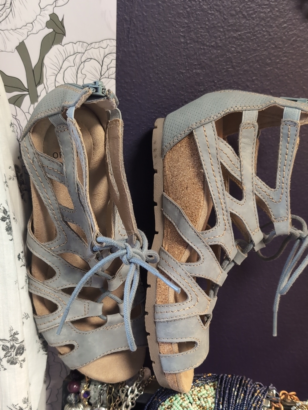 Lace-Up Leather Light Blue Gladiator Cutout Cork Wedge Sandals - Picture 6 of 12